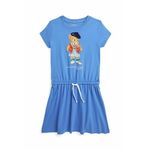 Otroška bombažna obleka Polo Ralph Lauren - modra. Otroški obleka iz kolekcije Polo Ralph Lauren. Nabran model, izdelan iz pletenine s potiskom.