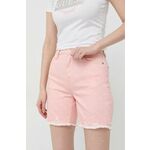 Kratke hlače Guess ženski, roza barva - roza. Kratke hlače iz kolekcije Guess. Model izdelan iz jeansa. Visokokakovosten, udoben material.
