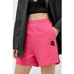 Kratke hlače Karl Lagerfeld ženski, roza barva - roza. Kratke hlače iz kolekcije Karl Lagerfeld, izdelane iz prožnega materiala, ki zagotavlja udobje in svobodo gibanja. Model z mehko oblazinjeno sredino zagotavlja mehkobo in dodatno toploto.
