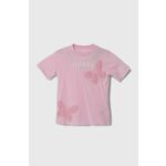 Otroška bombažna kratka majica Guess roza barva - roza. Otroške kratka majica iz kolekcije Guess. Model izdelan iz pletenine z nalepko. Model iz zračne bombažne tkanine.