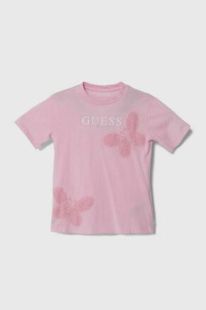 Otroška bombažna kratka majica Guess roza barva - roza. Otroške kratka majica iz kolekcije Guess. Model izdelan iz pletenine z nalepko. Model iz zračne bombažne tkanine.