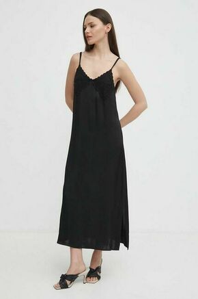 Obleka Sisley črna barva - črna. Obleka iz kolekcije Sisley. Model izdelan iz kombinacija dveh različnih materialov. Model iz zračne viskozne tkanine.