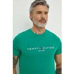 Bombažna kratka majica Tommy Hilfiger moški, zelena barva - zelena. Kratka majica iz kolekcije Tommy Hilfiger, izdelana iz tanke, elastične pletenine. Model iz tkanine, ki je izjemno prijetna na otip.