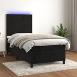 Greatstore Box spring postelja z vzmetnico LED črna 90x200 cm žamet