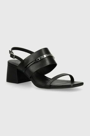 Usnjeni sandali Calvin Klein HEEL SANDAL 45 MET BAR LTH črna barva