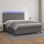 Greatstore Box spring postelja z vzmetnico LED siva 160x200cm umetno usnje