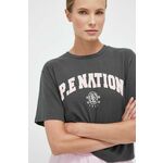 Kratka majica P.E Nation ženski, siva barva - siva. Kratka majica iz kolekcije P.E Nation, izdelana iz tanke, elastične pletenine. Model iz izjemno udobne tkanine z visoko vsebnostjo bombaža.