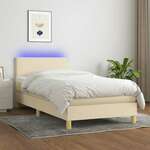Greatstore Box spring postelja z vzmetnico LED krem 90x200 cm blago