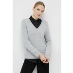 Volnen pulover Tommy Hilfiger ženski, siva barva, - siva. Pulover iz kolekcije Tommy Hilfiger. Model z V izrezom, izdelan iz volnene pletenine.