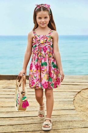 Otroška bombažna obleka Mayoral roza barva - roza. Otroška Obleka iz kolekcije Mayoral. Nabran model izdelan iz vzorčaste tkanine.