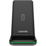 CANYON WS- 304, Foldable 3in1 Wireless charger, with touch button for Running water light, Input 9V/2A, 12V/1.5AOutput 15W/10W/7.5W/5W, Type c to USB-A cable length 1.2m, with QC18W EU plug,132.51*75*28.58mm, 0.168Kg, Black