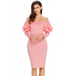 Pink Ruffle Off The Shoulder Long Sleeve Bodycon Dress 26525