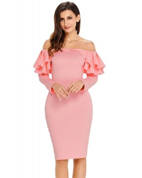 Pink Ruffle Off The Shoulder Long Sleeve Bodycon Dress 26525