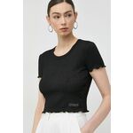 Kratka majica Guess ženski, črna barva - črna. Kratka majica iz kolekcije Guess. Model izdelan iz tkanine. Prilagodljiv material, ki se prilagaja postavi.