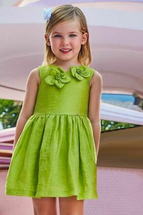 Otroška obleka z mešanico lanu Mayoral zelena barva - zelena. Otroški obleka iz kolekcije Mayoral. Model izdelan iz enobarvne tkanine. Model iz izjemno udobne