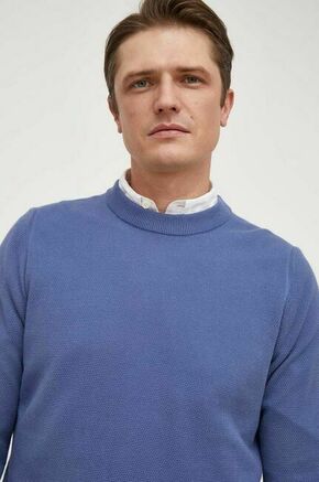 Bombažen pulover BOSS - modra. Pulover iz kolekcije BOSS. Model izdelan iz enobarvne pletenine. Model iz izjemno udobne bombažne tkanine.