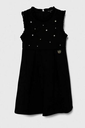 Otroška obleka Guess črna barva - črna. Otroški obleka iz kolekcije Guess. Model izdelan iz pletenine z nalepko. Material z optimalno elastičnostjo zagotavlja popolno svobodo gibanja.