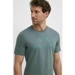 Kratka majica Armani Exchange moški, siva barva - zelena. Kratka majica iz kolekcije Armani Exchange, izdelana iz pletenine s potiskom. Model iz zračne bombažne tkanine.