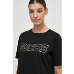 Bombažna kratka majica Guess ženski, črna barva - črna. Kratka majica iz kolekcije Guess, izdelana iz pletenine z nalepko. Model iz zračne bombažne tkanine.