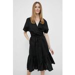 Lanena obleka Lauren Ralph Lauren črna barva - črna. Obleka iz kolekcije Lauren Ralph Lauren. Nabran model, izdelan iz enobarvne tkanine. Izjemno zračen, udoben material.