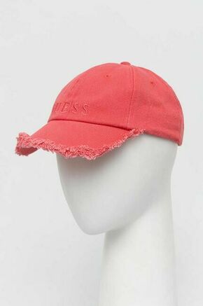 Bombažna bejzbolska kapa Guess roza barva - roza. Kapa s šiltom vrste baseball iz kolekcije Guess. Model izdelan iz tkanine z nalepko. Bombažen