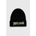 Kapa s primesjo volne Just Cavalli črna barva - črna. Kapa iz kolekcije Just Cavalli. Model izdelan iz pletenine z nalepko.
