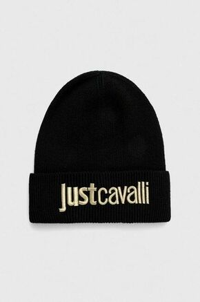Kapa s primesjo volne Just Cavalli črna barva - črna. Kapa iz kolekcije Just Cavalli. Model izdelan iz pletenine z nalepko.