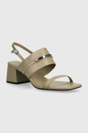 Usnjeni sandali Calvin Klein HEEL SANDAL 45 MET BAR LTH bež barva