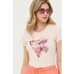 Kratka majica Guess ženski, roza barva - roza. Kratka majica iz kolekcije Guess, izdelana iz tanke, elastične pletenine. Model iz izjemno udobne tkanine z visoko vsebnostjo bombaža.