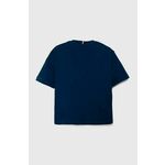 Otroška bombažna kratka majica Tommy Hilfiger - modra. Kratka majica iz kolekcije Tommy Hilfiger, izdelana iz tanke, elastične pletenine. Model iz izjemno udobne bombažne tkanine, ki je zračna.