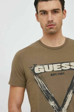 Bombažna kratka majica Guess zelena barva - zelena. Kratka majica iz kolekcije Guess. Model izdelan iz pletenine s potiskom.