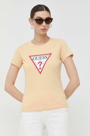 Bombažna kratka majica Guess bež barva - bež. Lahkotna majica iz kolekcije Guess. Model izdelan iz tanke
