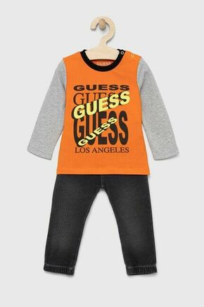 Komplet za dojenčka Guess oranžna barva - oranžna. Dolgi rokavi in hlače za dojenčke iz kolekcije Guess. Model izdelan iz elastične pletenine.