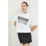 Bombažna kratka majica Moschino Jeans ženski, bela barva - bela. Kratka majica iz kolekcije Moschino Jeans, izdelana iz elastične pletenine. Model iz izjemno udobne bombažne tkanine.