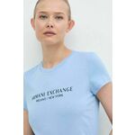 Bombažna kratka majica Armani Exchange ženski, turkizna barva - modra. Lahkotna kratka majica iz kolekcije Armani Exchange, izdelana iz pletenine, prijetne na otip. Model iz izjemno udobne bombažne tkanine.