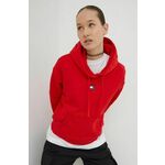 Bombažen pulover Tommy Jeans ženska, rdeča barva, s kapuco - rdeča. Pulover s kapuco iz kolekcije Tommy Jeans, izdelan iz pletenine z nalepko. Model iz izjemno udobne bombažne tkanine.