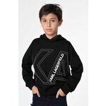 Otroški pulover Karl Lagerfeld črna barva, s kapuco - črna. Otroški pulover s kapuco iz kolekcije Karl Lagerfeld, izdelan iz pletenine s potiskom. Model iz izjemno udobne tkanine z visoko vsebnostjo bombaža.