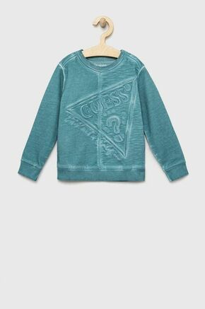 Otroški bombažen pulover Guess - modra. Otroški pulover iz kolekcije Guess. Model izdelan iz rahlo elastične pletenine. Izjemno udoben material
