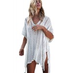 White Crochet Knitted Tassel Tie Kimono Beachwear 28340