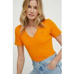 Bombažna kratka majica Tommy Hilfiger ženski, oranžna barva - oranžna. Kratka majica iz kolekcije Tommy Hilfiger, izdelana iz tanke, elastične pletenine. Model iz izjemno udobne bombažne tkanine.