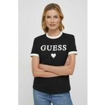 Bombažna kratka majica Guess ženski, črna barva - črna. Kratka majica iz kolekcije Guess, izdelana iz elastične pletenine. Model iz izjemno udobne bombažne tkanine.