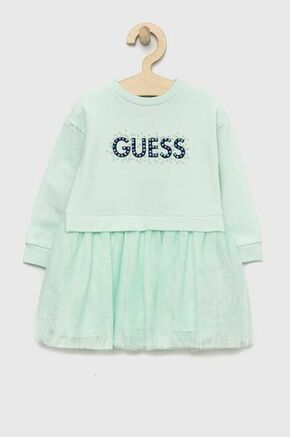 Obleka za dojenčka Guess turkizna barva - turkizna. Obleka za dojenčke iz kolekcije Guess. Nabran model izdelan iz pletenine z nalepko.