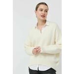 Volnen pulover BOSS ženski, bela barva, - bež. Pulover iz kolekcije BOSS. Model z V izrezom, izdelan iz volnene pletenine.