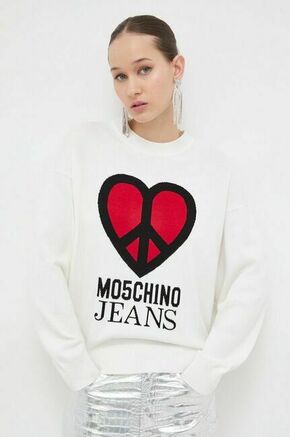 Bombažen pulover Moschino Jeans bež barva - bež. Pulover iz kolekcije Moschino Jeans. Model izdelan iz vzorčaste pletenine. Model iz izjemno udobne bombažne tkanine.