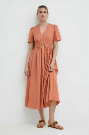 Obleka Twinset oranžna barva - oranžna. Obleka iz kolekcije Twinset. Model izdelan iz enobarvnega materiala. Model iz izjemno udobne tkanine z visoko vsebnostjo bombaža.