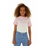 Otroška bombažna kratka majica Guess roza barva - roza. Otroške lahkotna kratka majica iz kolekcije Guess. Model izdelan iz pletenine, prijetne na otip. Model iz visokokakovostnega in trajnostnega materiala.