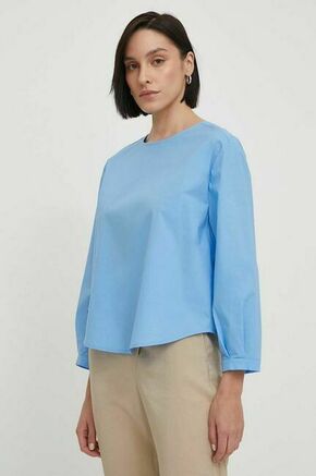 Majica United Colors of Benetton ženska - modra. Bluza iz kolekcije United Colors of Benetton izdelana iz enobarvne tkanine. Model iz izjemno udobne tkanine z visoko vsebnostjo bombaža.