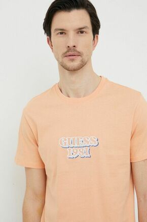 Bombažna kratka majica Guess oranžna barva - oranžna. Kratka majica iz kolekcije Guess. Model izdelan iz pletenine z nalepko. Tanek