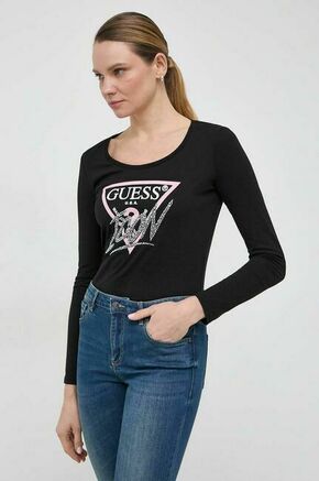 Bombažna majica z dolgimi rokavi Guess črna barva - črna. Majica z dolgimi rokavi iz kolekcije Guess