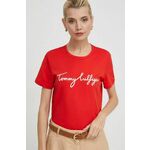 Bombažna kratka majica Tommy Hilfiger ženski, rdeča barva - rdeča. Kratka majica iz kolekcije Tommy Hilfiger, izdelana iz pletenine s potiskom. Model iz izjemno udobne bombažne tkanine.